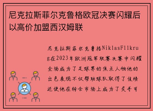 尼克拉斯菲尔克鲁格欧冠决赛闪耀后以高价加盟西汉姆联 尼克拉斯菲尔克鲁格欧冠决赛闪耀后以高价加盟西汉姆联