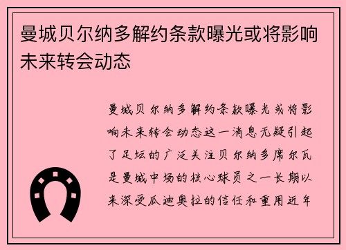 曼城贝尔纳多解约条款曝光或将影响未来转会动态